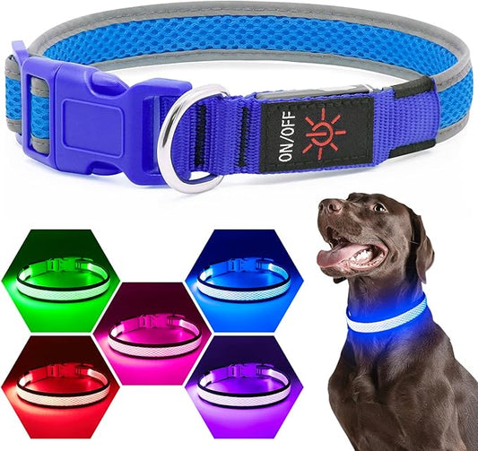 Flashseen LED Dog Collar, USB Rechargeable Light Up Dog Collar Lights, Adjustable Comfortable Soft Mesh Safety Dog Collar for Small, Medium, Large Dogs(Medium, Royal Blue)
