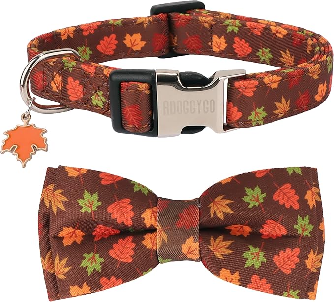 ADOGGYGO Fall Dog Collar with Bowtie, Adjustable, Brown, Maple Leaves Pattern, Halloween Thanksgiving Fall Bow Collars for Small Medium Large Dogs (Small)
