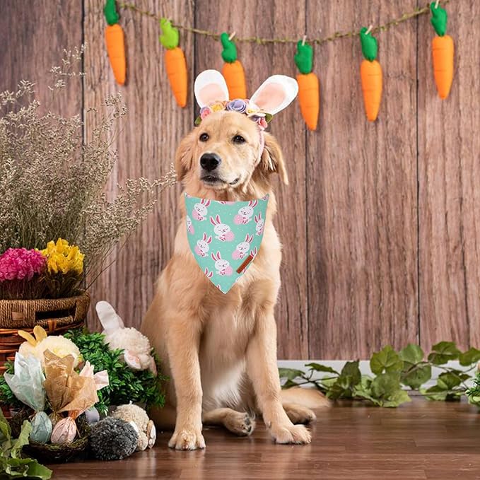 ADOGGYGO Easter Dog Bandana, Eggs Bunny Pet Scarf, Premium Durable Fabric, Adjustable Fit White Green Holiday Easter Bandanas for Extra Large Dogs (X-Large)