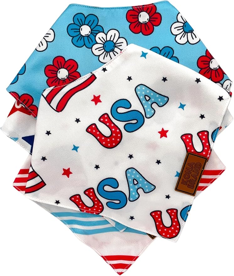 KonaBrandCo- Premium Handmade Dog Bandana | Dual Layered Silky Durable Polyester Fabric | Adjustable Fit Custom Shape- Won't Roll (Large, TEDDY- USA FLAG)