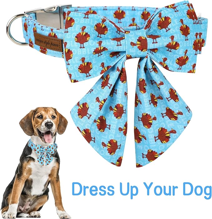 Unique style paws Thanksgiving Dog Collar with Bow Tie Blue Turkey Puppy Collar for Small Medium Large Dogs as Autumn Winter Pet Gifts-XS