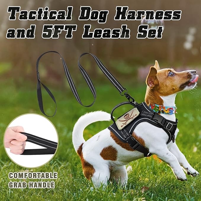 XSmall Tactical Dog Harness and Leash, Military K9 Puppy Vest Harness, No Pull Outdoor Training XS Dog Harness with Handle (XSmall, Black+Leash)