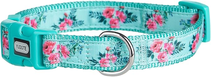 Green Flower Pattern Dog Collar, Nylon Webbing Plus Polyester Ribbon 2 Layers, for Large Dogs(Large, Green Flower)