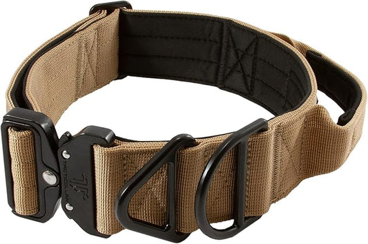 2 inch Tactical Dog Collar with Handle for Medium and Large Dogs, Mil Spec Nylon Collar, Quick-Release Metal Buckle, Neoprene Padded Inside (Large, Coyote Brown)