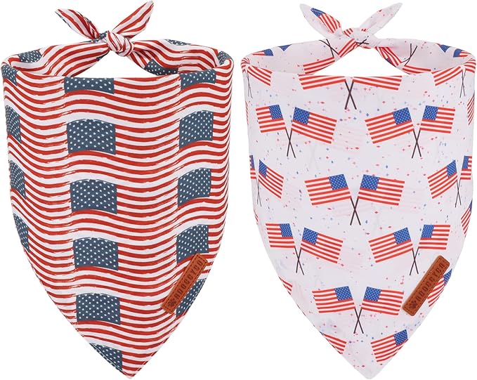 ADOGGYGO American Flag Dog Bandana 2 Pack, Reversible White Red USA Flag Pet Scarf Bib, Adjustable Fit 4th of July Bandanas for Extra Large Dogs Pets (X-Large)
