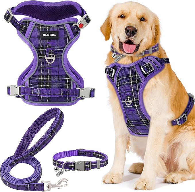 GAMUDA Dog Harness Collar and Leash Set, Dog Harness, No Chock No Pull Adjustable Vest Harnesses Plaid Reflective for Medium Dog, Cat, Small Horse, Small Bull and Pig (Purple, L)