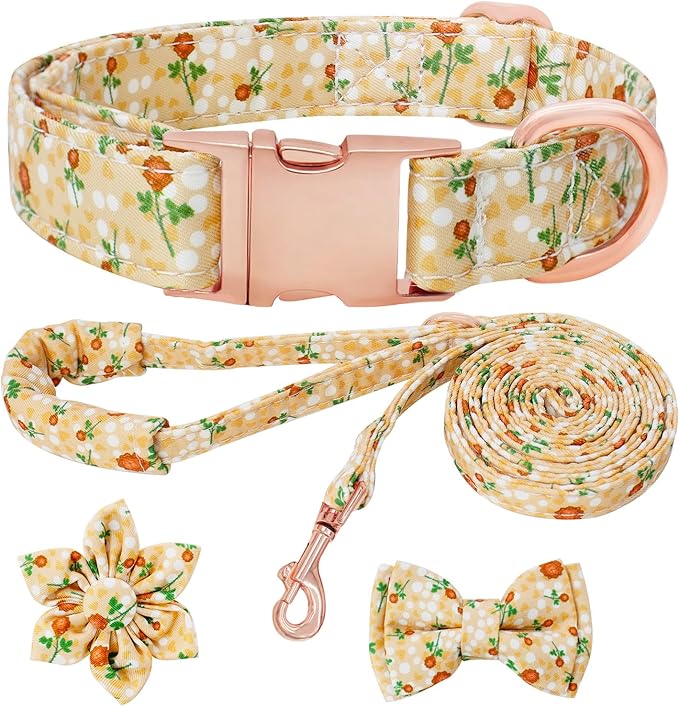 Dog Collar and Leash Set Girls Adjustable Puppy Collars with Floral Bow Tie for Small Medium Large Female Dogs, YellowFlower, S