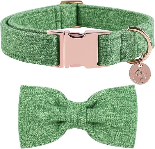 DOGWONG Hemp Cotton Dog Collar with Bow Green Pet Collar Durable Adjustable Puppy Collar for Small Medium Large Dogs