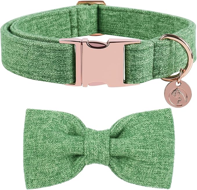 DOGWONG Hemp Cotton Dog Collar with Bow Green Pet Collar Durable Adjustable Puppy Collar for Small Medium Large Dogs