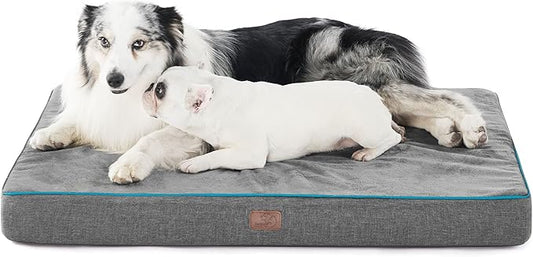 Bedsure Memory Foam Large Plus Dog Bed - Orthopedic Waterproof Pet Mat for Crate with Removable Washable Cover and Nonskid Bottom - Water-Resistant Plush Flannel Fleece Top Pet Bed, Grey