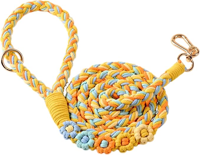 Handmade 5ft Braided Cotton Dog Leash with Unique Floral Handle, Durable and Stylish, Ideal for Small to Large Dogs, Blue & Yellow Twist (Sunshine Breeze)
