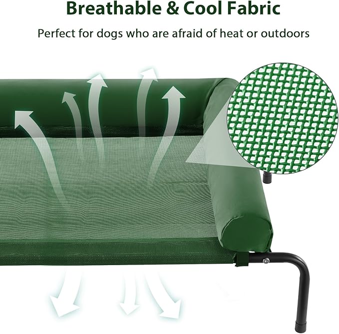Cooling Elevated Dog Bed for Large Dogs – Waterproof Raised Dog Cot with Slope Headrest, Breathable Teslin Mesh, Durable & Portable Pet Bed for Indoor and Outdoor Use, Green