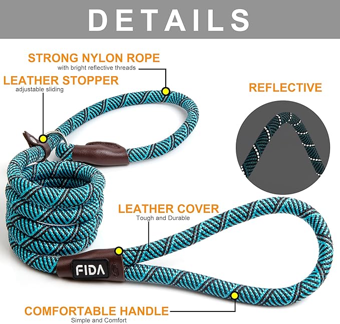 Fida Durable Heavy Duty Slip Leash Bulk Pack of 5, 6 FT Comfortable Strong Rope for Large, Medium & Small Dogs - No Pulling Pet Training Leash with Highly Reflective (Blue)