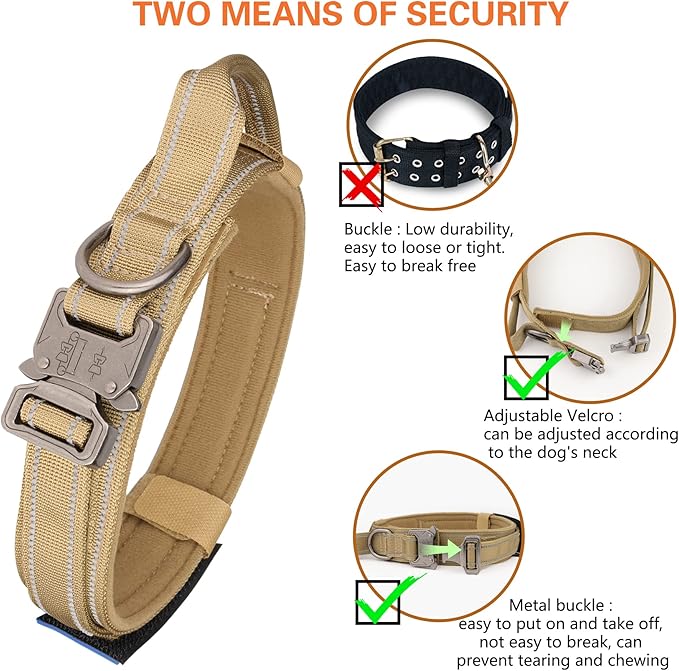 KCUCOP Tactical Dog Collar, Heavy Duty Dog Collar with Handle and Metal Buckle, Military Thick Dog Collars for Medium and Large Dogs(Brown-Reflective Set-XL, 1 Patch)
