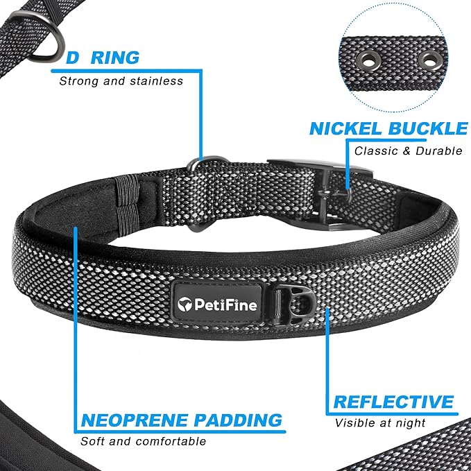 PetiFine Neoprene Padded Dog Collar, Heavy Duty Comfort Dog Collar with Durable Metal Buckle, Reflective Adjustable Belt Buckle Dog Collars for Small Medium Large Dogs(19''-23'', Black