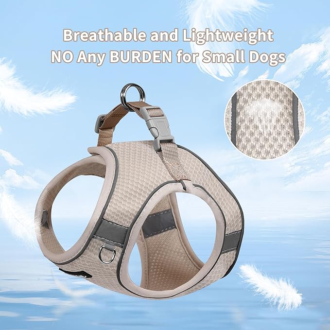 AIITLE Small Dog Harness, No-Pull Cat Harness with a Leash, Step in Adjustable Puppy Harness with Quick-Release Buckle, Reflective Outdoor Pet Vest for Extra Small Dogs and House Cats Beige XXS