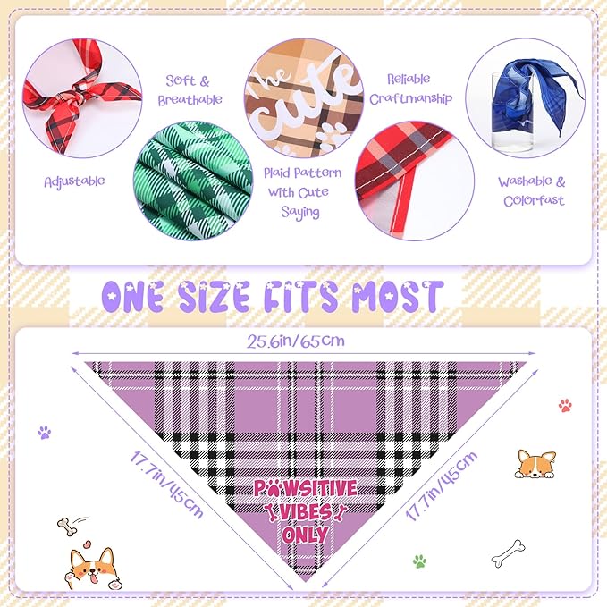 Buryeah 500 Pcs Plaid Dog Bandanas Bulk for Groomers Pet Scarf Puppy Bibs with Cute Sayings Adjustable Washable Pet Spring Summer Accessories for Small to Large Dogs Cats(Assorted Plaid)