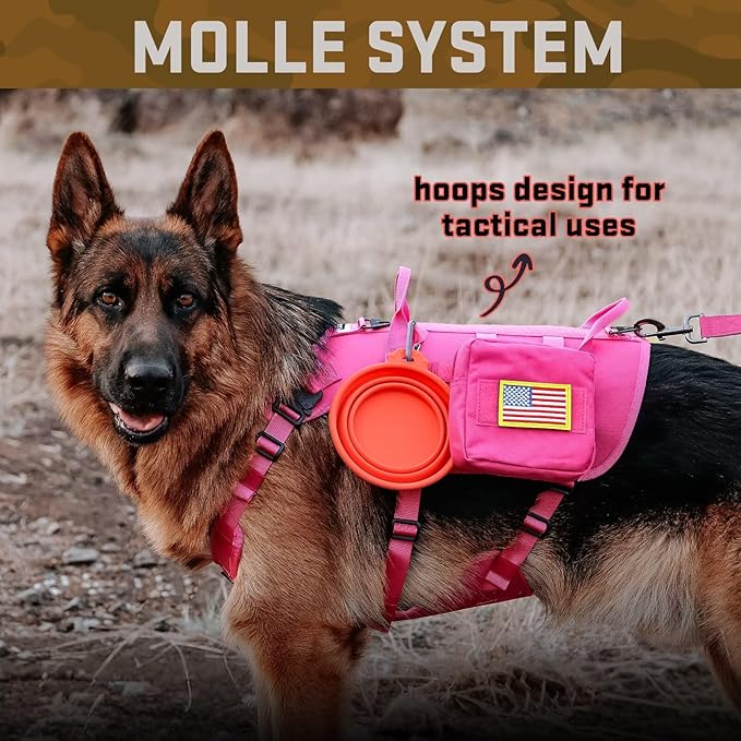 Forestpaw Pink Tactical Dog Harness for Large Dogs,Tactical Dog Collar with Bungee Leash Set,No Pull Military Dog Harness for Walking Training,Adjustable for Medium Large Dogs,Chest 15.5-25.5"