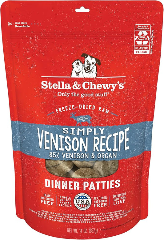 Stella & Chewy's Freeze-Dried Raw Dinner Patties - Simply Venison Recipe - High Protein Grain-Free Puppy & Dog Food - Perfect For Picky Eaters - 14 oz