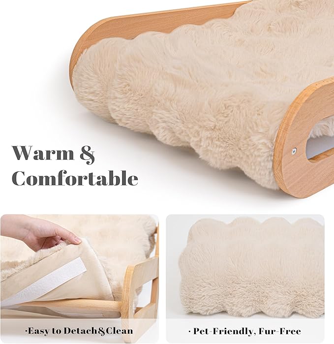 Elevated Cat Couch Bed for Indoor, Wooden Cats Sofa with Washable Fluffy Cover Raised Kitty Lounge Chair Suitable for Puppy(Cat Lounge Khaki)