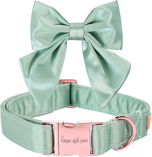 Unique style paws Silk Green Color Dog Collar Adjustable Durable Dog Collar with Bow Wedding Bowtie Collar for Medium Dogs