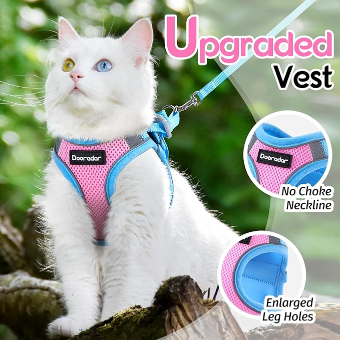 Dooradar Cat Harness and Leash Set, Escape Proof Lightweight Kitten Harness, Soft Breathable Reflective Vest for Outdoor Walking Traveling, Adjustable for Small Cats, Pink & Blue, S