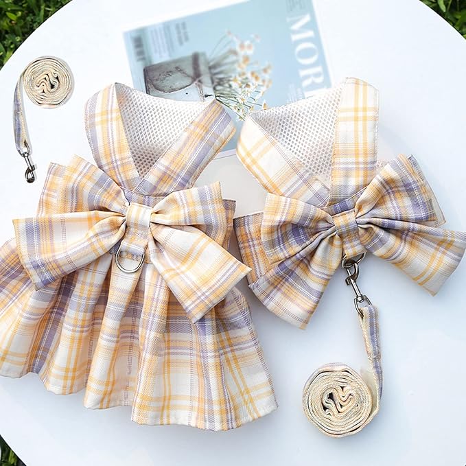 Dog Harness and Leash Set, Cute Bow Tie Plaid Harnesses for Puppy Cat, Adjustable Pet Kitties Vest, Breathable Harness Traction Rope for Boy Girl Small Animal(Skirt White,XS for 1.1-3.3lbs Dog)