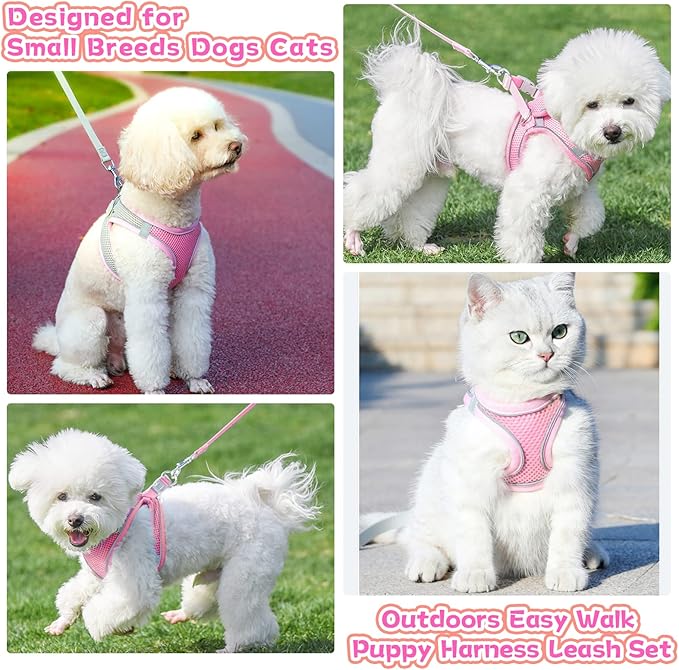 Soft Small Dog Harness and Leash Set Mesh Puppy Harnesses Leash Easy Walk Dog Harness Vest Adjustable Reflective No Pull Dog Harnesses for Small Dogs Cats (Pink,XS)