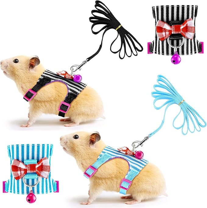 2 Pieces Hamster Harness and Leash Set for Walking, Small Guinea Pig Clothes with Bowknot Bell, No Pulling Comfort Padded Vest Striped for Guinea Pig Hamster Ferret, Small Animals (Blue, Black,S)