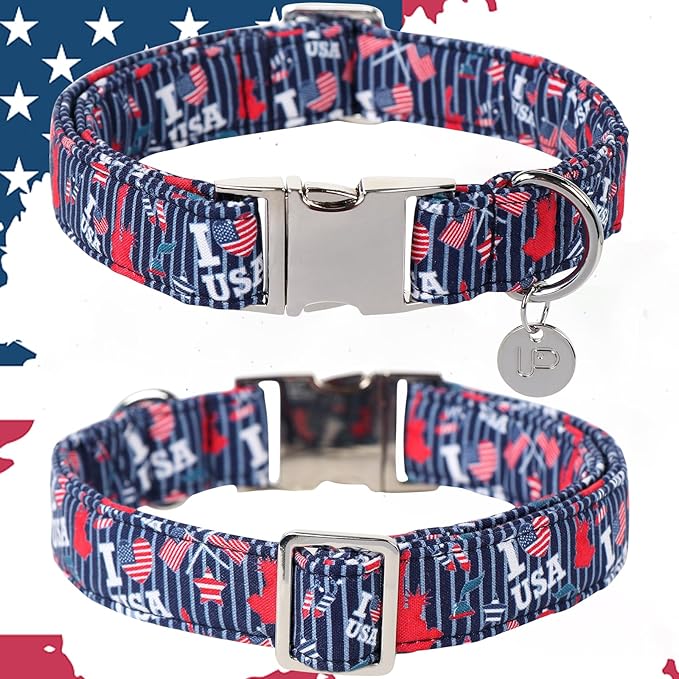 Patriotic American Flag Collar for Puppy or Cat, Comfortable Summer Collar with Metal Buckle, M, Neck 13.5-22in