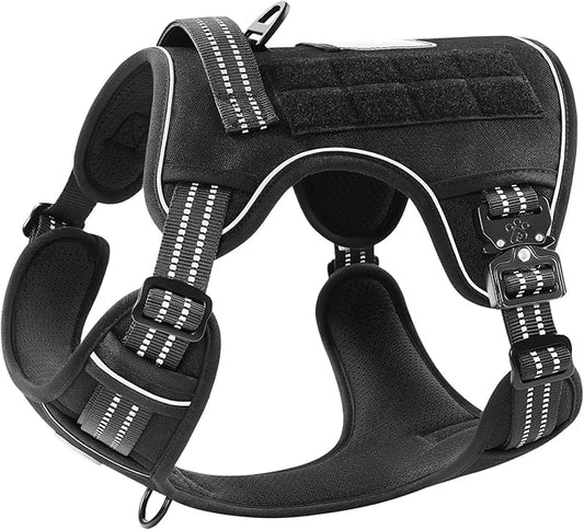 PawsPassion Tactical Dog Harness for Large Dogs, Chew-Proof Metal Hardware, Heavy Duty No Pull Dog Harness, Reflective Strips, Adjusting Ring, MOLLE System, Hook and Loop Panel (Stealth, L)