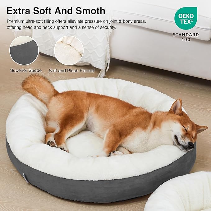 Love's cabin Round Donut Cat and Dog Cushion Bed, 30in Pet Bed for Medium or Large Dogs, Anti-Slip & Water-Resistant Bottom, Soft Durable Fabric Pet beds, Washable Calming Cat Bed Dark Grey