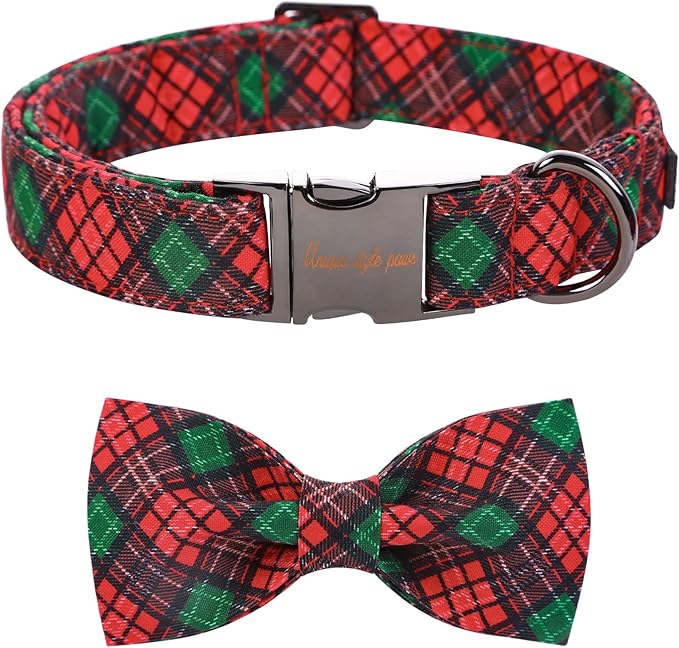 Unique style paws Christmas Dog Collar with Bow Tie Red Green Plaid Adjustable Cotton Puppy Collar for Small Medium Large Dogs-L