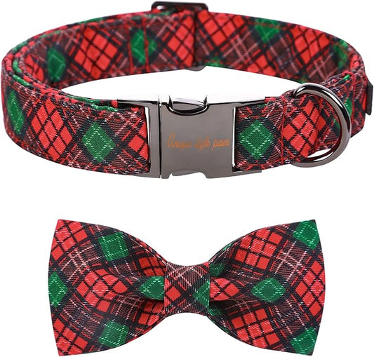 Unique style paws Christmas Dog Collar with Bow Tie Red Green Plaid Adjustable Cotton Puppy Collar for Small Medium Large Dogs-L
