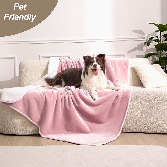 gogobunny Waterproof Bed Blanket, Reversible Sherpa Fleece Throw Blanket for Dog Puppy Cat, Furniture Cover Protects Bed Couch Sofa from Liquid Pee and Pet Fur (Pink, 60x80 inches)