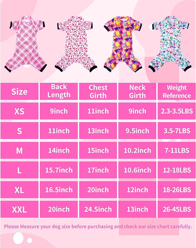 PET SHOW 4 Pack Small Dog Pajamas Cute Paw Bone Clothes for Medium Dogs Soft Stretchy PJs Plaid Jumpsuit Puppy Floral Fruits Onesies Outfits with Sleeve Pets Dachshund Costume(XL, Pink for Girls)