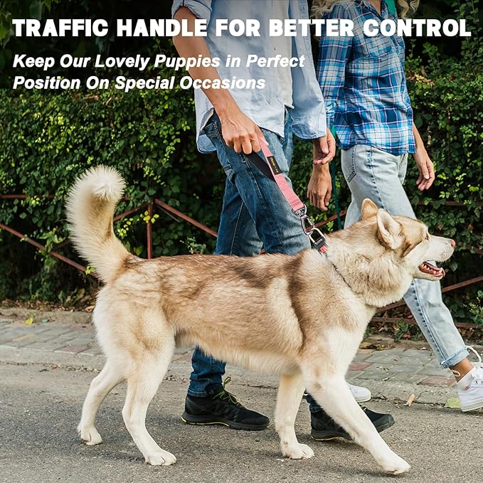 Dog Seat Belt Harness for Car, Dog Car Leash with Car Headrest & Buckle, Reflective Short Dog Leash, Pet 15 Inch Heavy Duty Leash for Dogs with Padded Handle & Locking Carabiner Clip, Pink