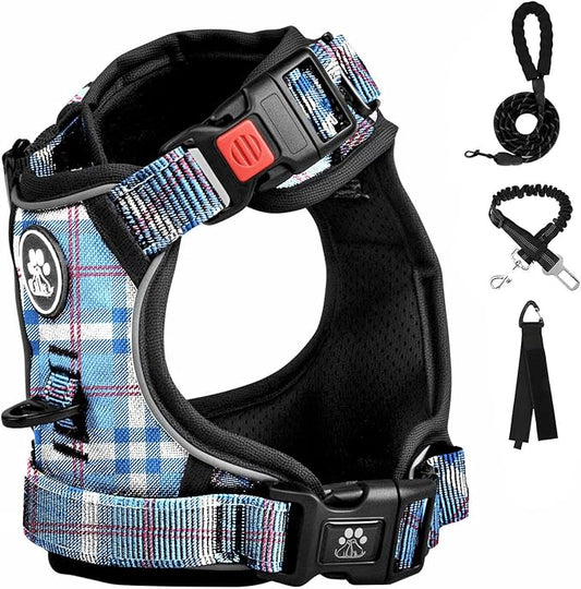 FURRYFECTION Plaid Dog Harness for Large Dogs | No Pull Reflective Pet Harness | No Choke Adjustable Dog Vest Harnesses | with Leash | Easy Control Handle | Front Lead | Seat Belt | Blue&White | L