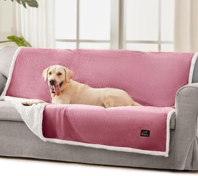 Luciphia Waterproof Blanket for Large Dogs Liquid Proof Furniture Protector Washable Pet Reversible Bed Cover for Couch Soft Sherpa Fleece Cat Blanket for Small Medium Pink White Large（65" x 57"）