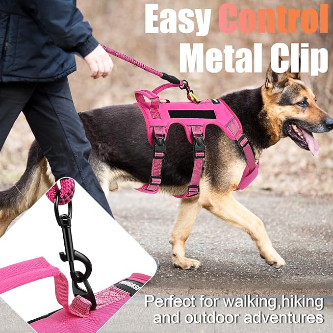 Escape Proof Dog Harness for Large Medium Sized Dogs Six Point Adjustable, Service Dog Vest Harness and Leash Set, No Pull Dogs Harnesses with Handle, XL Dog Harnesses for Walking(Pink, L)