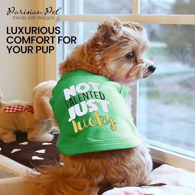 Parisian Pet Dog Tshirt - Embroidered “ Not Talented Just Lucky “ Dog Clothes - 100% Cotton Pet Vest - Sleeveless Green Tee Shirts - Machine Washable Shirt for Medium Dogs - M