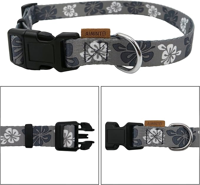 Dog Collar, Cute Floral Pattern, Soft and Adjustable Collar with Quick Release Buckle (XS (Neck 9-13", Width 3/8"), Hawaiian Grey)