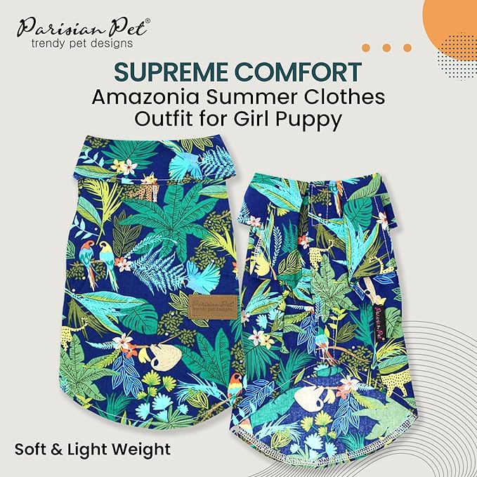 Parisian Pet Unisex Amazonia Shirt - Leafy Dog Beach Outfit - Cotton Summer Clothes - Stylish Hook and Loop Closure - Machine Washable for Medium-Sized Dogs - M