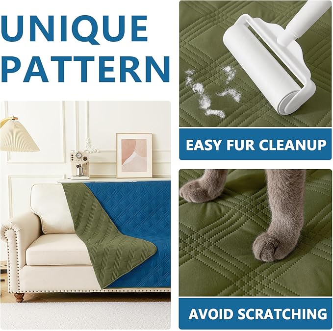 hyha Waterproof Dog Blanket, Reversible Pet Bed Blanket, Soft Sofa Couch Cover for Dogs Washable, Waterproof Pet Couch Covers for Sofa Puppy Cats Furniture Protector(82"x82", Green/Navy Blue)