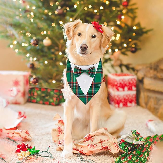 Adjustable Green Plaid Christmas Dog Tuxedo Bandana with Bow Tie - Holiday Pet Outfit Costume for Dogs XS to XL