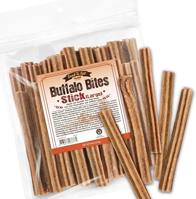 Gootoe Buffalo Dog Treats, Buffalo Bites Stick (Large) 8oz - Natural Low-Fat Chews for Training & Rewards, Limited Ingredient, Perfect for Medium Dogs, Resealable Bag