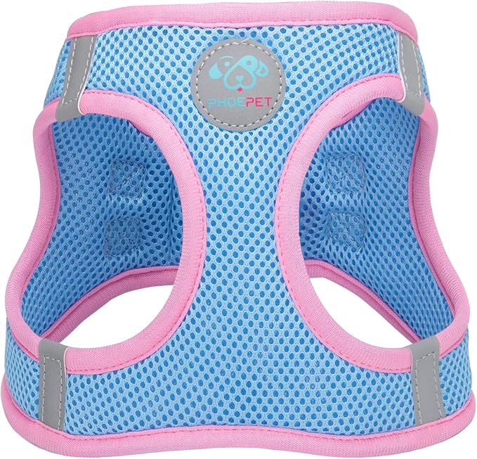 PHOEPET Step-in Dog Harness,Reflective Adjustable Dog Vest Harness, Soft Pet Walking Jacket with 2 Metal Leash Hooks for Dog and Cat(Baby Blue Base & Pink Straps,XS)