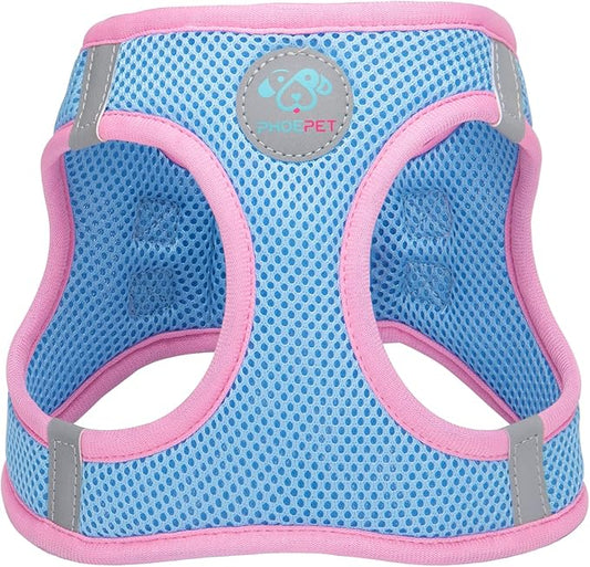 PHOEPET Step-in Dog Harness,Reflective Adjustable Dog Vest Harness, Soft Pet Walking Jacket with 2 Metal Leash Hooks for Dog and Cat(Baby Blue Base & Pink Straps,L)
