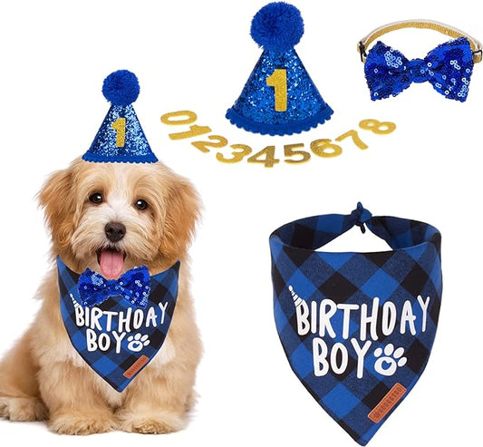 ADOGGYGO Dog Birthday Party Supplies, Multi Size Offered, Blue Birthday Boy Dog Bandana, Pet Party Hat with Numbers Bow for Small Puppies (Small)