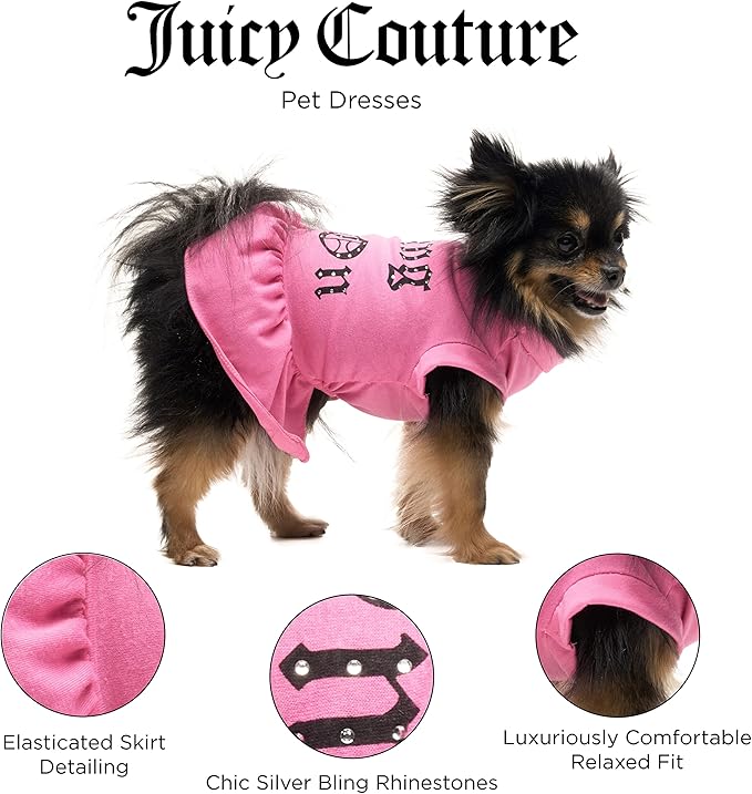 Juicy Couture Bling it On Cheer Dog Dress – Pullover Design Puppy Shirt with Elasticated Waistline and Flared Skirt, Doggie Clothes for Convenient Bathroom Breaks, Small (5-7 lbs.)
